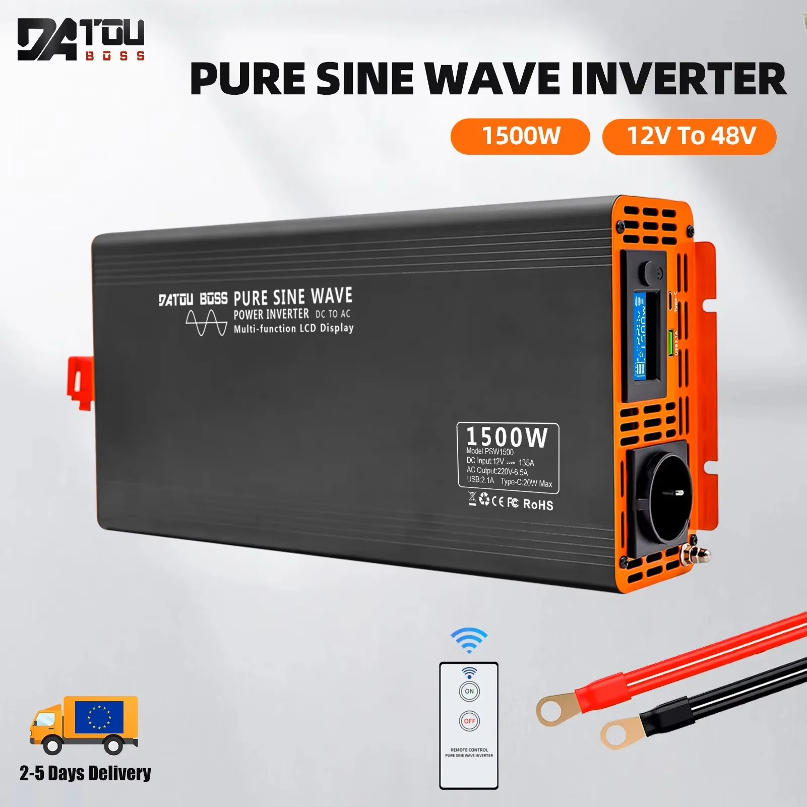 DATOUBOSS PSW 1500W Serie Sinus-Wechselrichter DC zu AC Solarstromkonverter Tragbares USB-Ladegerät LCD-Display Spannungswechselrichter