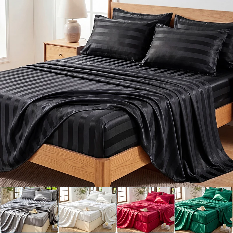 Conjunto de Lençóis de Cetim Listrado, Conjunto de Lençóis de Cama Luxuosos com Lençol Ajustável, Lençol Plano e Fronha, Roupa de Cama Resistente a Rugas