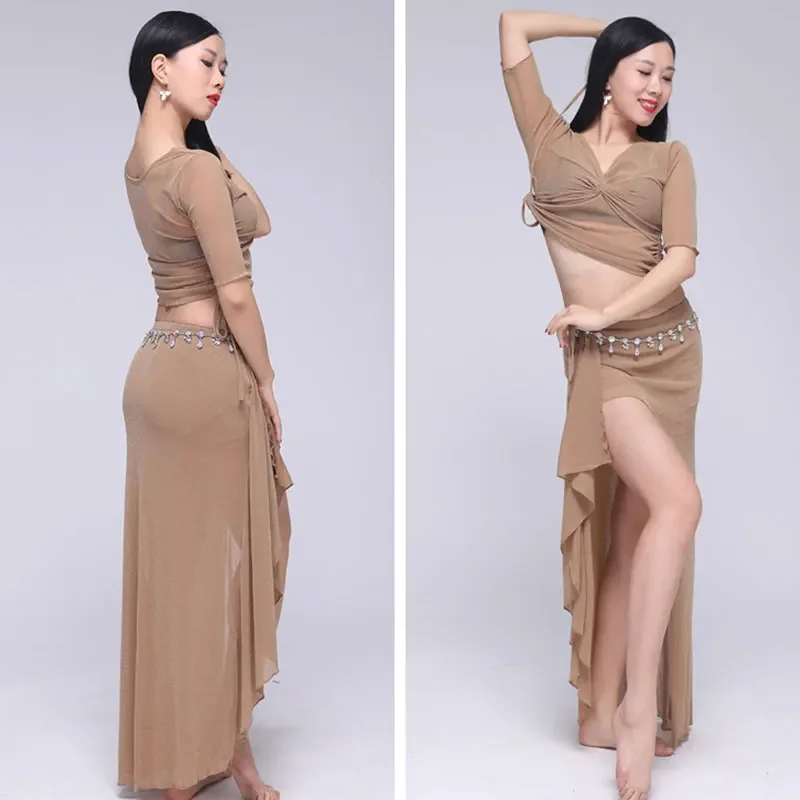 

Женский элегантный комплект из 2 предметов для танца живота, восточный топ для взрослых, рубашка, танцевальная одежда, женская одежда для уроков, одежда для танцевального выступления