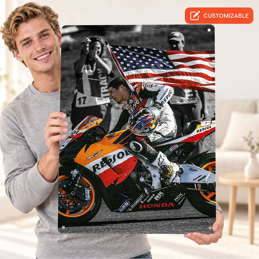 Nicky Hayden MotoGP Textured Metal Poster Customized Aluminum Sign Black And White With Color Accents Wall Art For Game Room