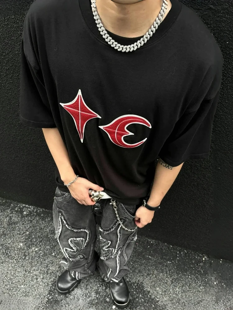 

Loose Casual Summer Short Sleeve T-Shirt THUG CLUB Star Moon Leather Brand Men's Fashion High Street Cotton round Neck Tee