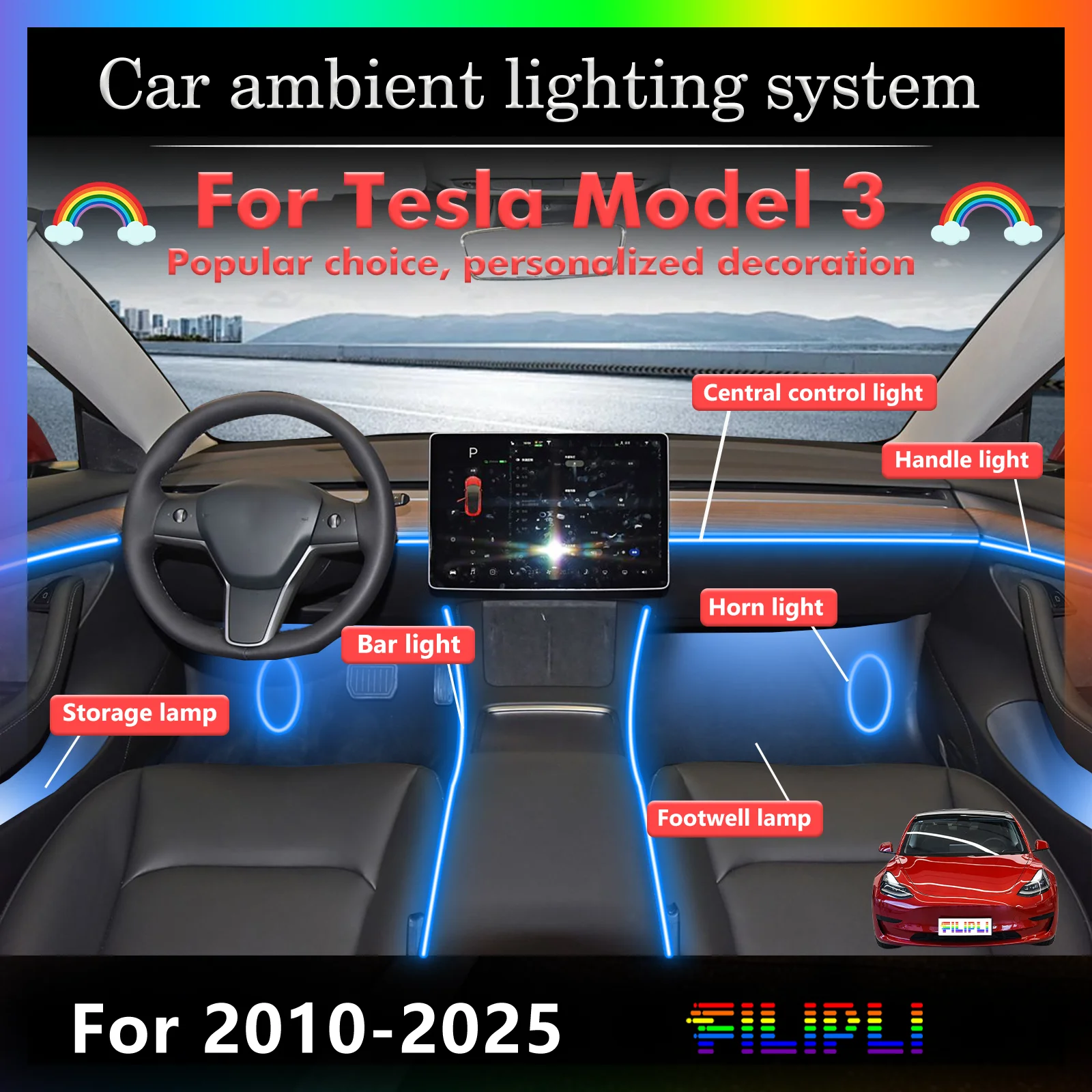 

For Tesla Model 3 RGB 64 Colors LED Car Interior Ambient Light Smart Remote Control Rainbow Acrylic Strip Set