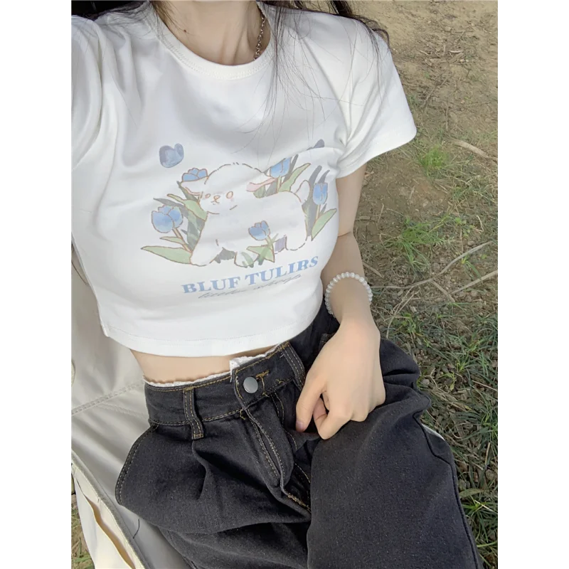 

Kawaii укороченный топ, летняя женская футболка, универсальная модная забавная повседневная футболка с принтом, тонкие корейские милые топы, новая простая футболка с коротким рукавом Y2K