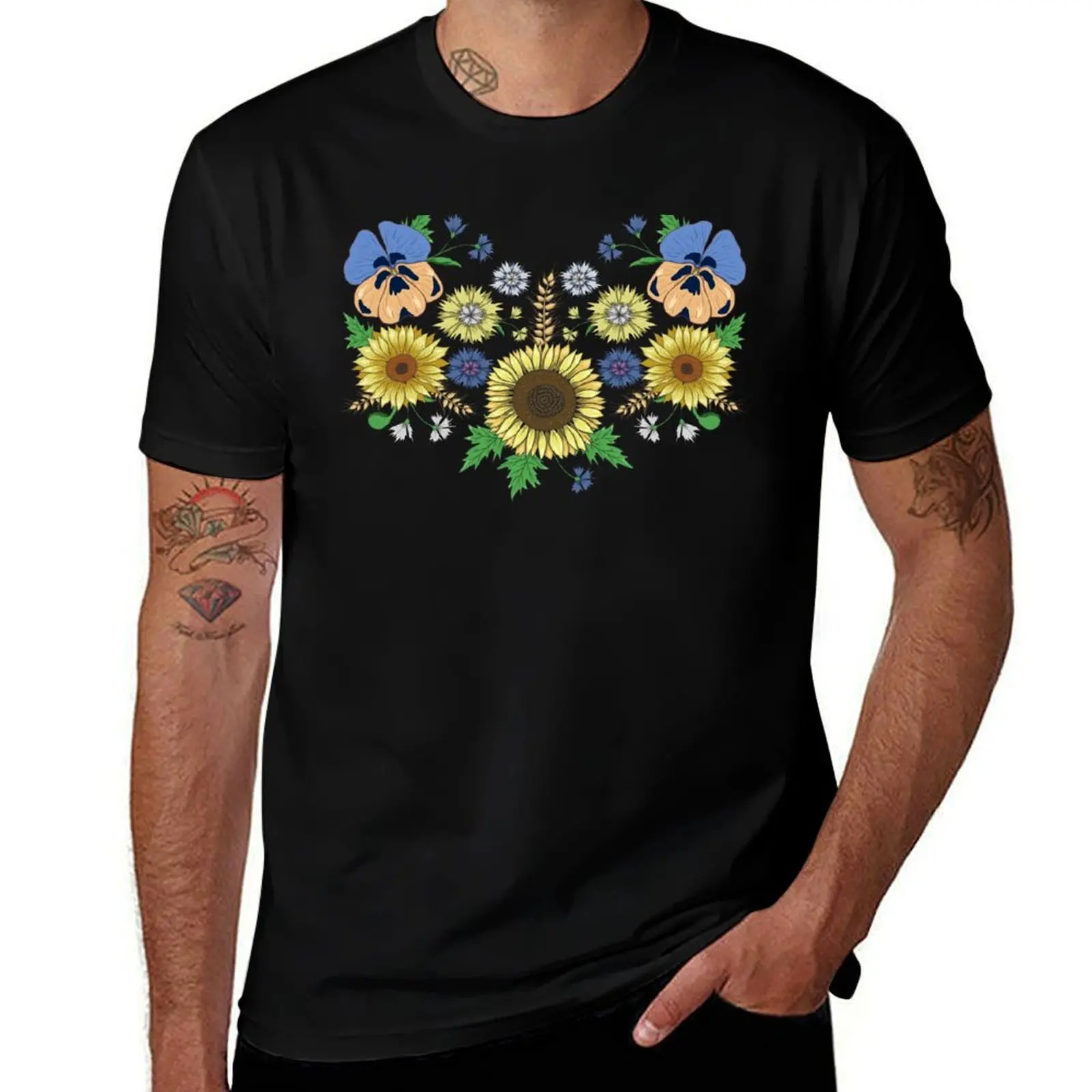 

Sunflowers Pansies Floral Vintage Ukrainian Vyshyvanka Style T-Shirt cotton graphic tees graphic tee shirt anime shirts men