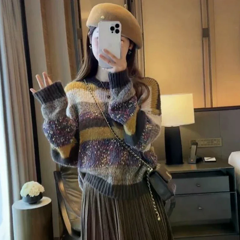 الخريف الشتاء أزياء الرجعية مخطط جولة الرقبة طويلة الأكمام فضفاضة عارضة محبوك سترة للنساء #5