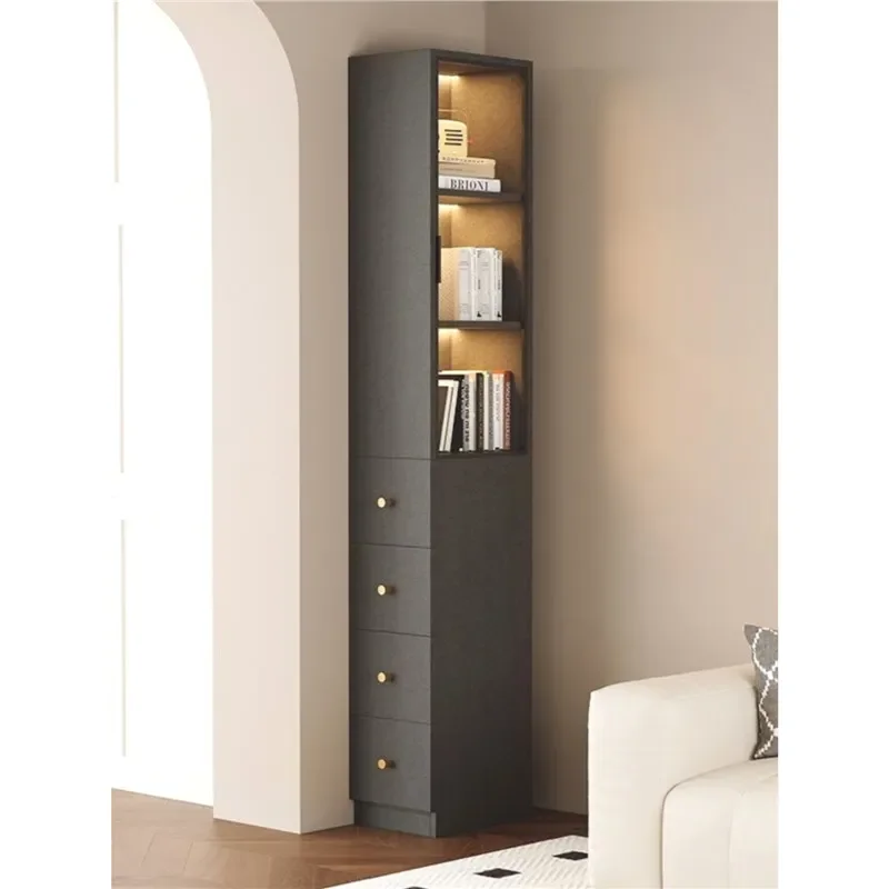 For Clamped Glass Bookcase Ultra Thin Narrow Side Cabinet Pull Out Corner Storage Locker With Glass Door For Sofa Living Room