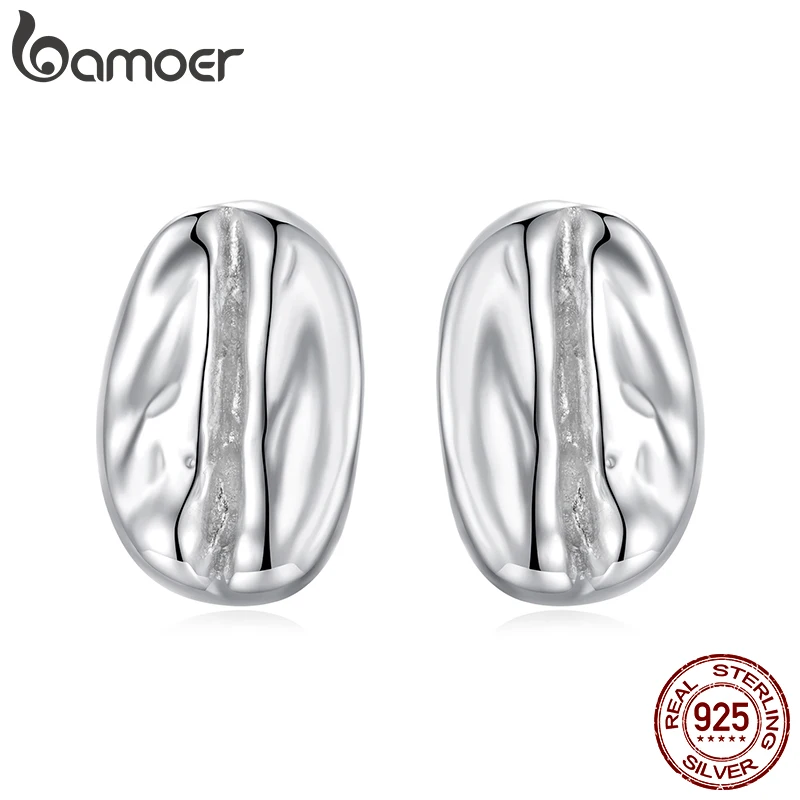 BAMOER Authentic 925 Sterling Silver Coffee Bean Stud Earrings for Women SCE1856