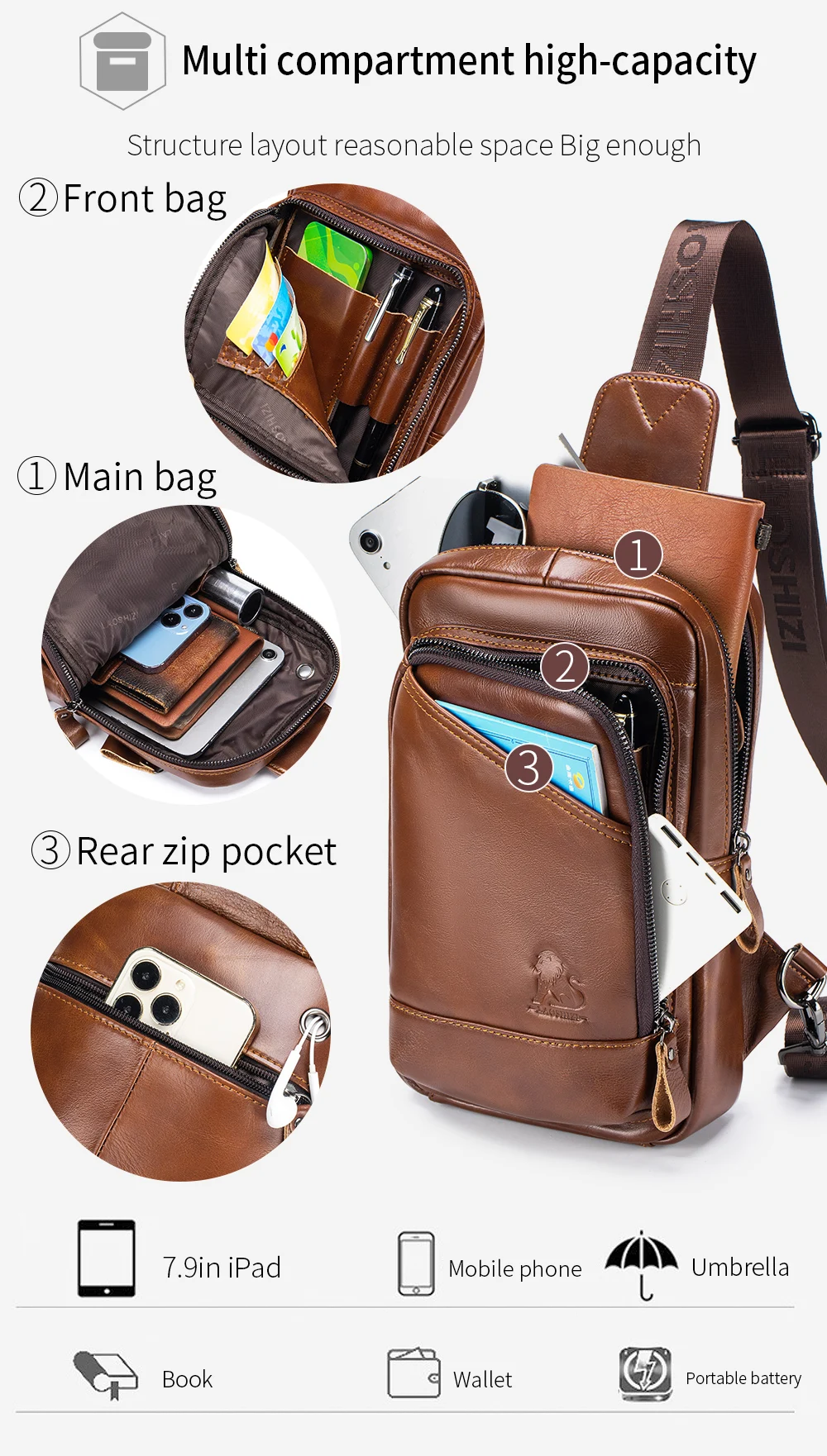 Steel Lion Herren-Brusttasche aus echtem Leder, großes Fassungsvermögen, vorne, Kartensteckplatz, Stifthalter, Tablet-Hülle, einzelne Schulter-Crossbody-Tasche – Detail 5