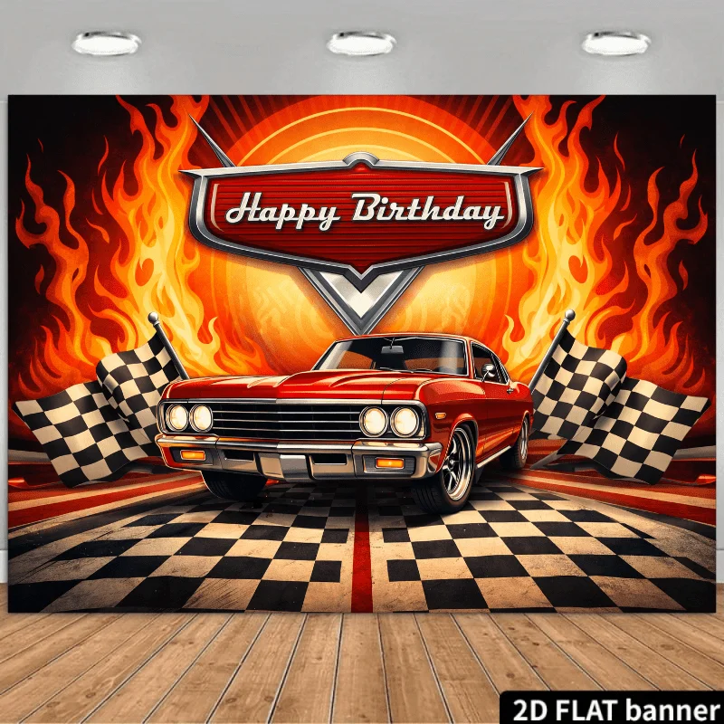Racing Car Tapestry - Red Muscle Car with Fire & Checkered Flag, Happy Birthday Party Background, Polyester, Multiple Sizes