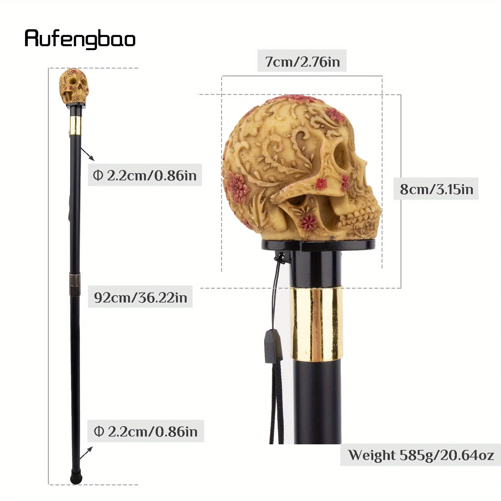 Orange Resin Skull Flower Walking Cane Fashion Decorative Stick Gentleman Cosplay Cane Knob Crosier Performance Stage Cane 92cm