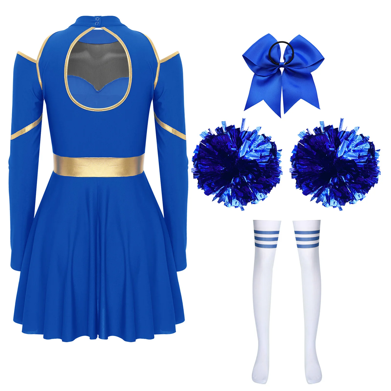 Mulheres cheerleading uniforme cheerleader traje alegria dança vestido meias bowknot faixa de cabelo bolas de flores torcendo roupas da equipe