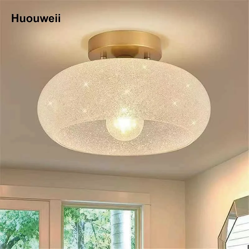 Modern Crystal Sand Cream Glass Entrance Ceiling Lamp All Copper Bedroom Aisle Balcony Cloakroom Lamp