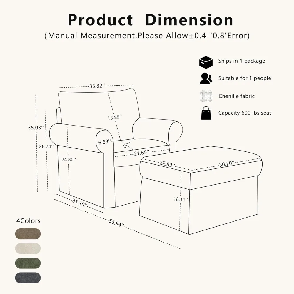 Kursi Aksen 35,82” dengan Ottoman, Kursi Ruang Tamu Berlapis Kain untuk Membaca, Kursi Santai dengan Chaise Lounge untuk Dalam Ruangan, Nyaman