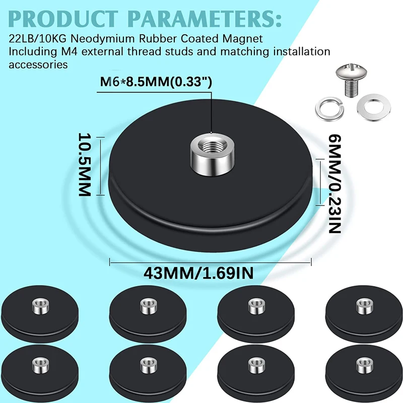 10/8/6 Rubber Coated Magnet 22LBS Neodymium Magnet Base with M6 Threaded Studs and Nuts Strong Flag Magnet Mount Base with Black