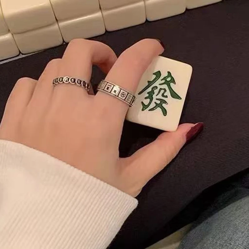 Feng Shui Mantra Protection Wealth Ring Vintage Mahjong Finger Ring Amulet Wealth Lucky Opening Adjustable Ring Buddhist Jewelry