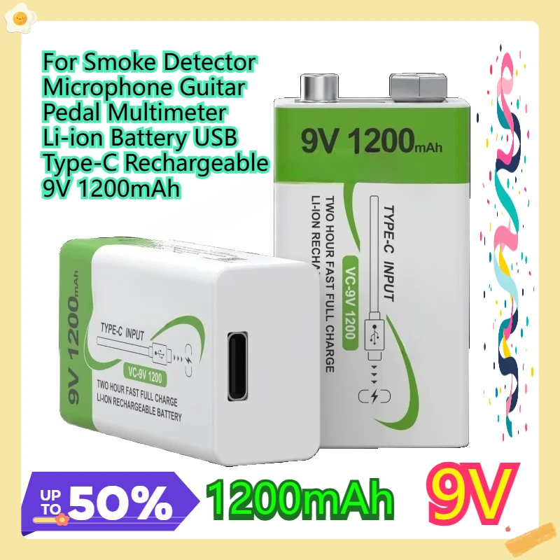 

For Smoke Detector Microphone Guitar Pedal Multimeter Li-ion Battery USB Type-C Rechargeable 9V 1200mAh