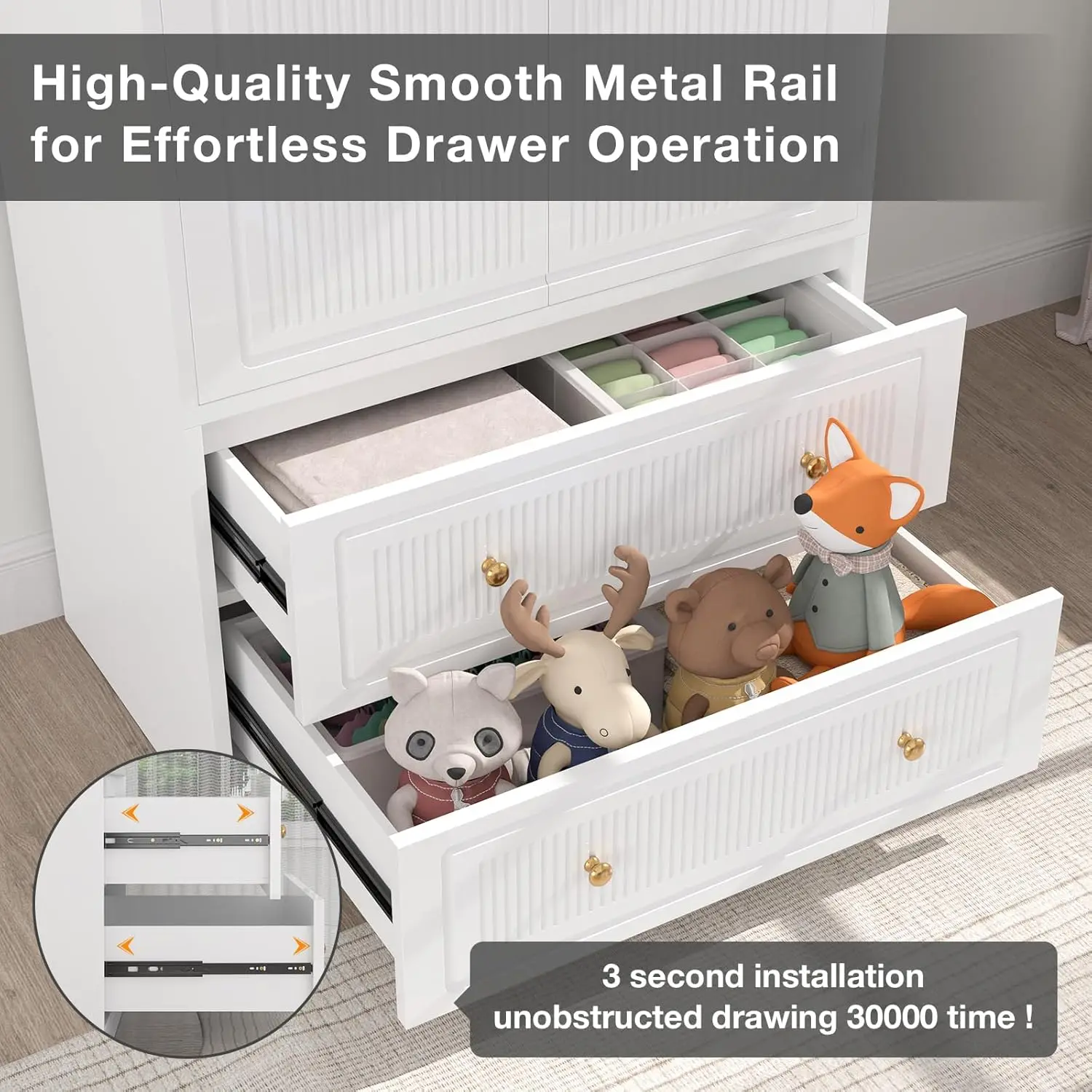 Quarto Branco Armário De Madeira com Haste, Roupeiro, Closet com 2 Portas e 2 Gavetas, Grande Capacidade, Independente, 71"