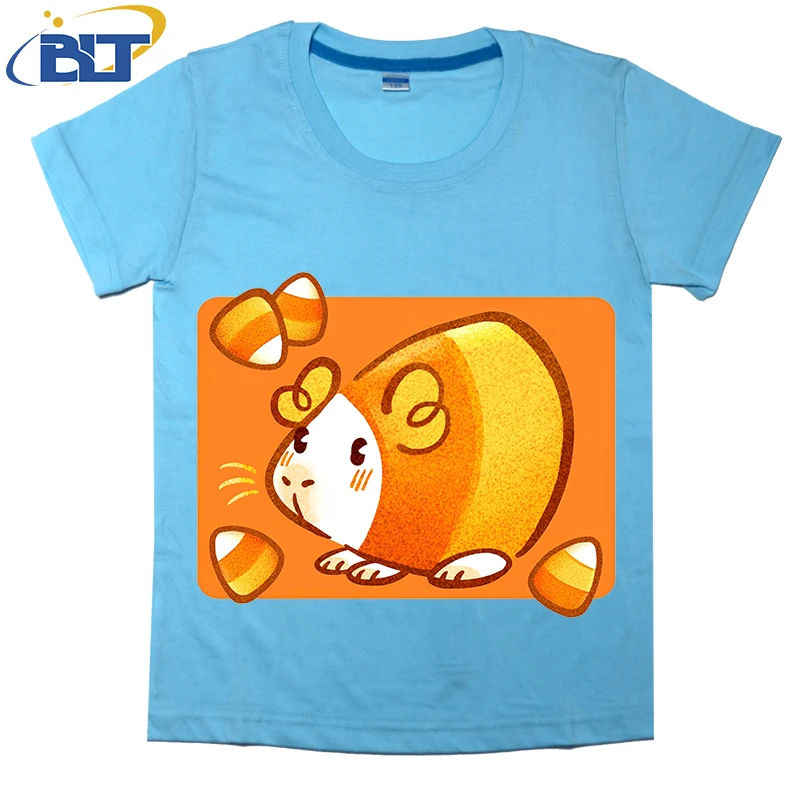 T-shirt de manga curta de algodão para menino e menina, top casual de manga curta, laranja estampado, cobaia, verão