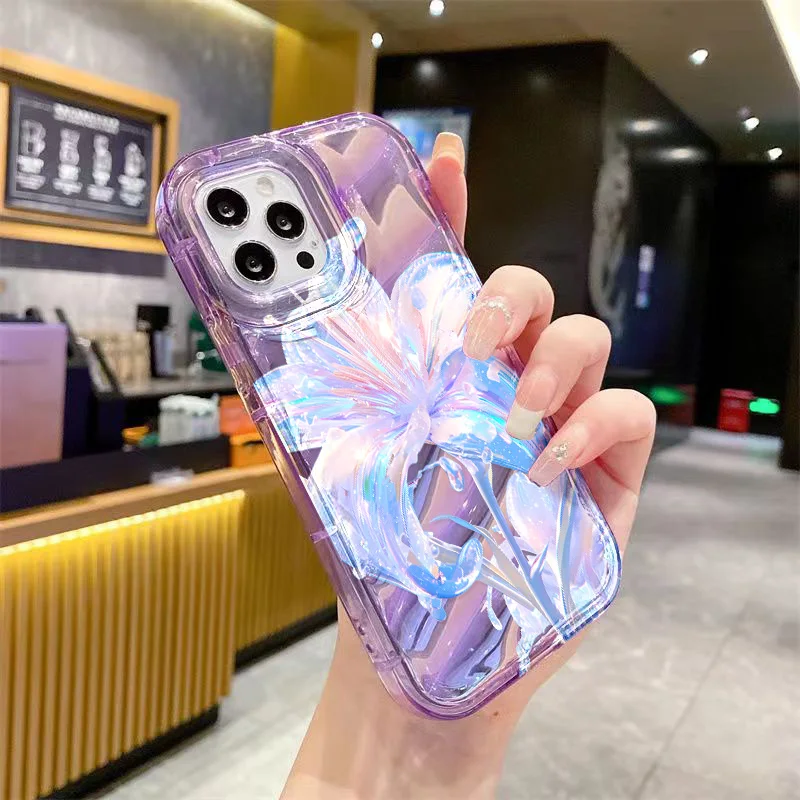 Coque de téléphone fleur laser violet pour iPhone, coque souple antichoc, iPhone 15 14 13 11 12 Pro Max Poly X XS Max 6 6s 7 8 Plus SE 2020