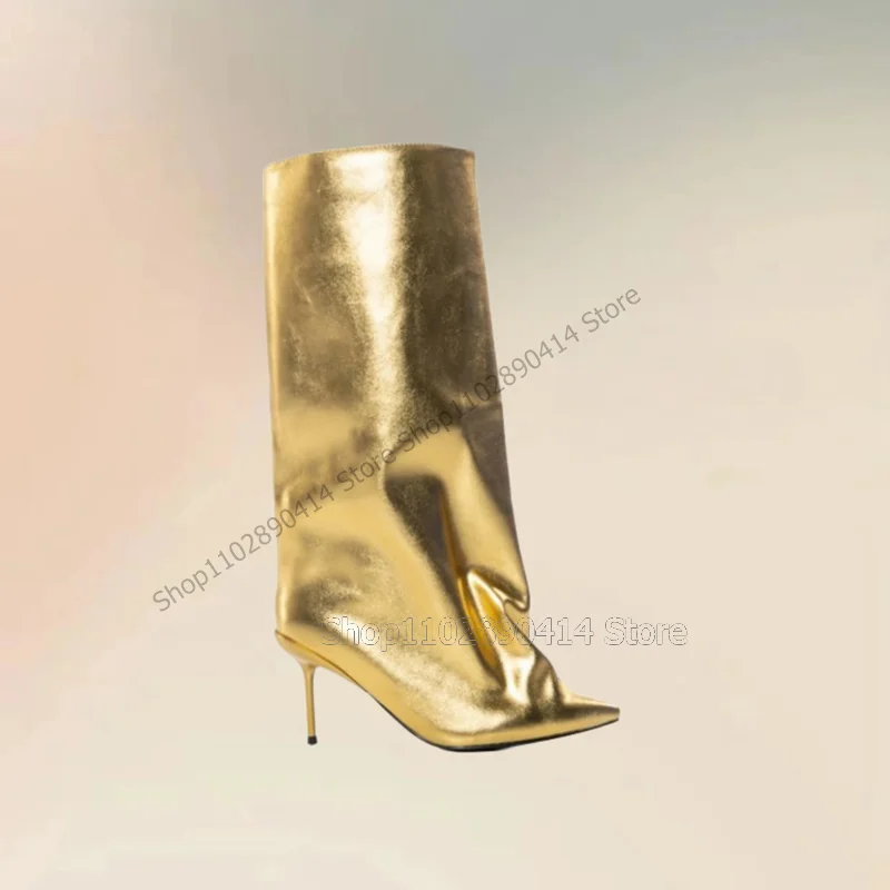 

Gold Glitter Large Cuff Pointed Toe Boots Slip On Women Shoes Thin High Heels New Fashion Party Banquet 2023 Zapatos Para Mujere