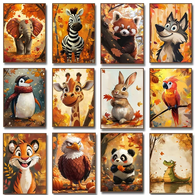 Krokodil im Herbst Zebra Giraffe Hirsch Wald Kaninchen Tiger Panda Affe Poster Diamantmalerei Druck für Zimmer Kinderzimmer Deko