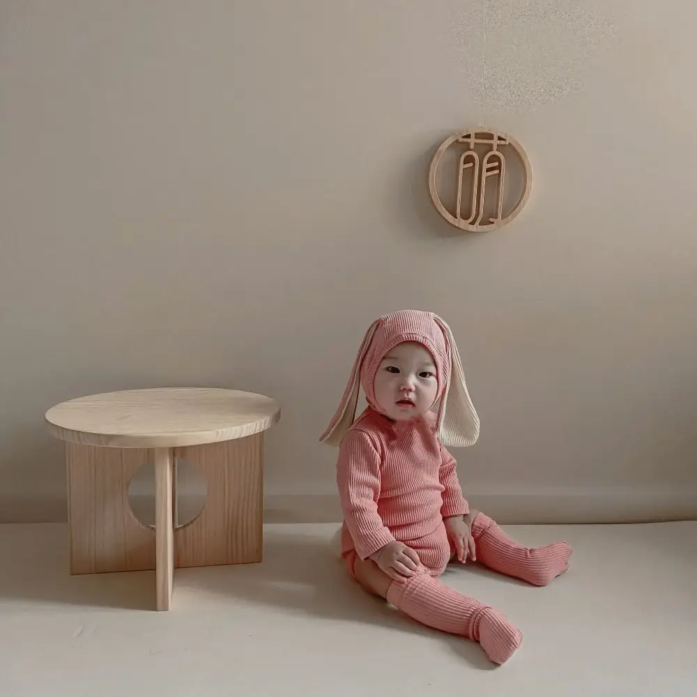 Cotton Solid Rabbit Romper Sets Ribbed Texture 3 Pieces Set Baby Bodysuit Ear Hat Solid Color Infant Clothes Newborn Baby
