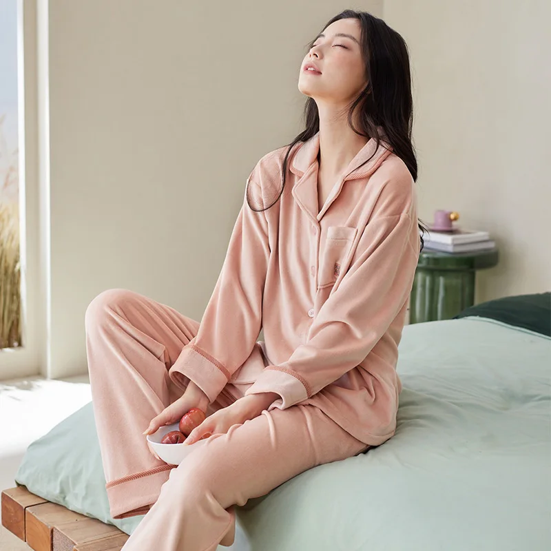 Lapel Cardigan Island Velvet Pajamas Winter Women Pyjamas Set Thick Warm Flannel Female Sleepwear Home Clothing Women's Pajamas