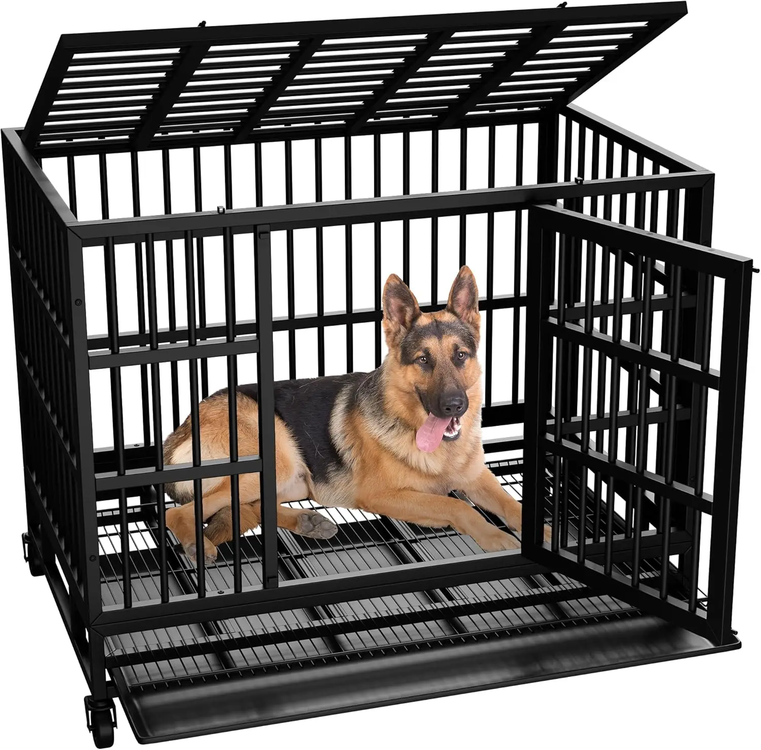 38 Inch Heavy Duty Indestructible Dog Crate, Escape Proof Dog Cage Kennel with Lockable Wheels