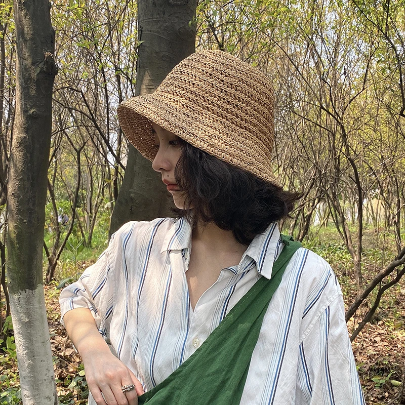 Japanese Foldable Hand-woven Straw Hat Ladies Spring and Summer Vacation Beach Fisherman HatBig Brim Shade Small Fresh BucketHat