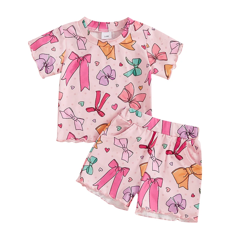 Maluch dziewczyna letnie stroje nadruk z kokardką wycięcie pod szyją t-shirty z krótkim rękawem topy spodenki 2 szt. Zestaw ubrań