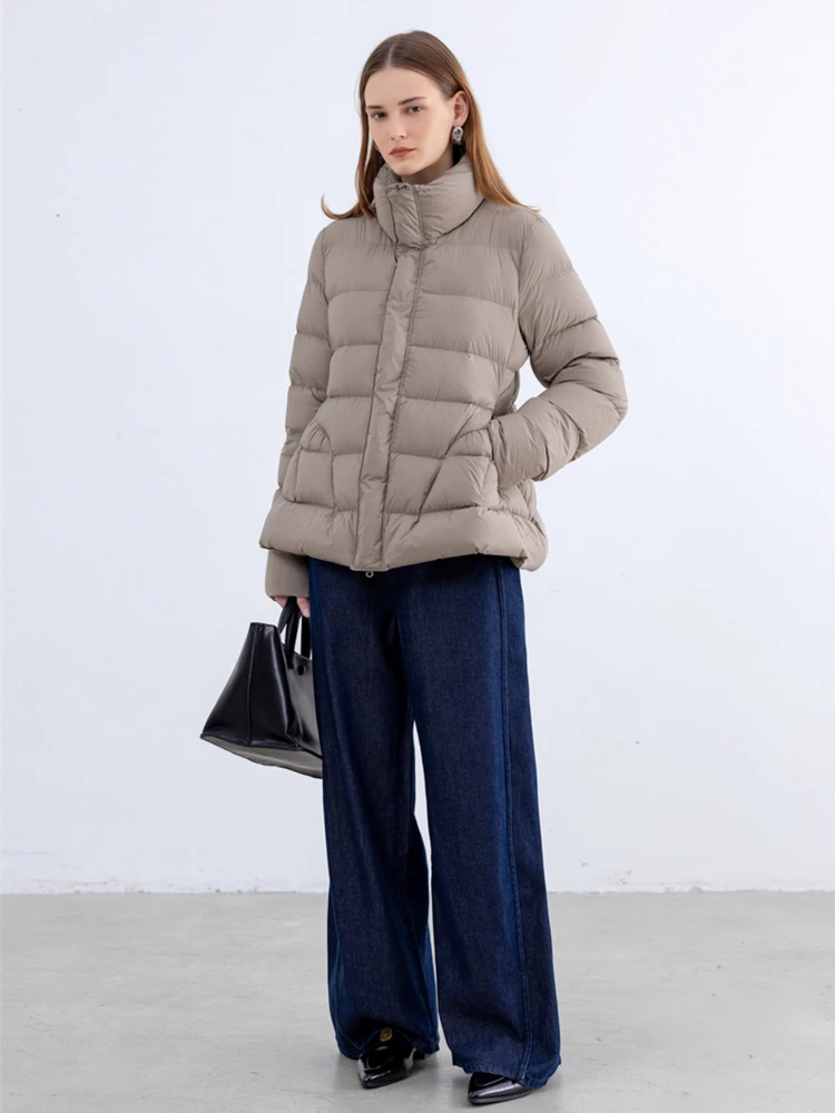 Damska kurtka streetwearowa z puchu kaczego, dopasowana, zimowa 2025, z wysokim kołnierzem, długi rękaw, puchowa kurtka, codzienna, jednolita, ciepła odzież wierzchnia INKEO DJ574