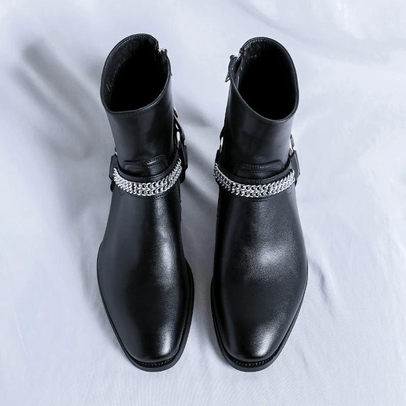 

Ins Trendy Cool Metal Chain Decoration Men Chelsea Boots Zipper Thick Heel Retro Midsole Trendy Personality Western Cowboy Boots