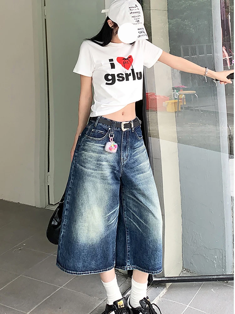 Retro, luźne spodnie jeansowe damskie z wysokim stanem i szerokimi nogawkami, jesienno-zimowe, nowe, z efektem sprania, modne.