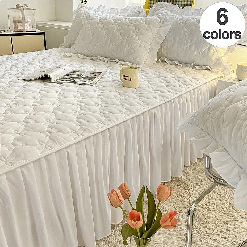Luxury Quilted Bed Skirt 45cm Hem Water-Washed Solid Bedroom Decor