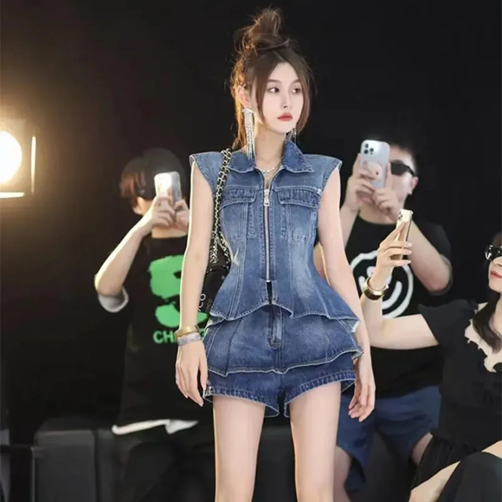 2024 Summer Sets For Women 2 Pieces Denim Sleeveless Zipper Vest Tops + Women\'s New Top + High Waist Ruffle Jean Shorts S-3XL