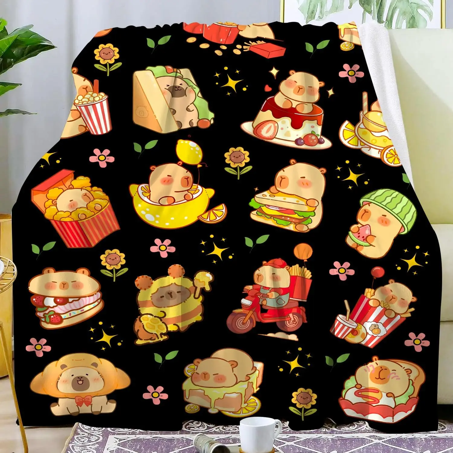 Cute Bear Food Theme Throw Blanket Kawaii Design for Living Room Decor Gift for Her PopCultureStyle70x100