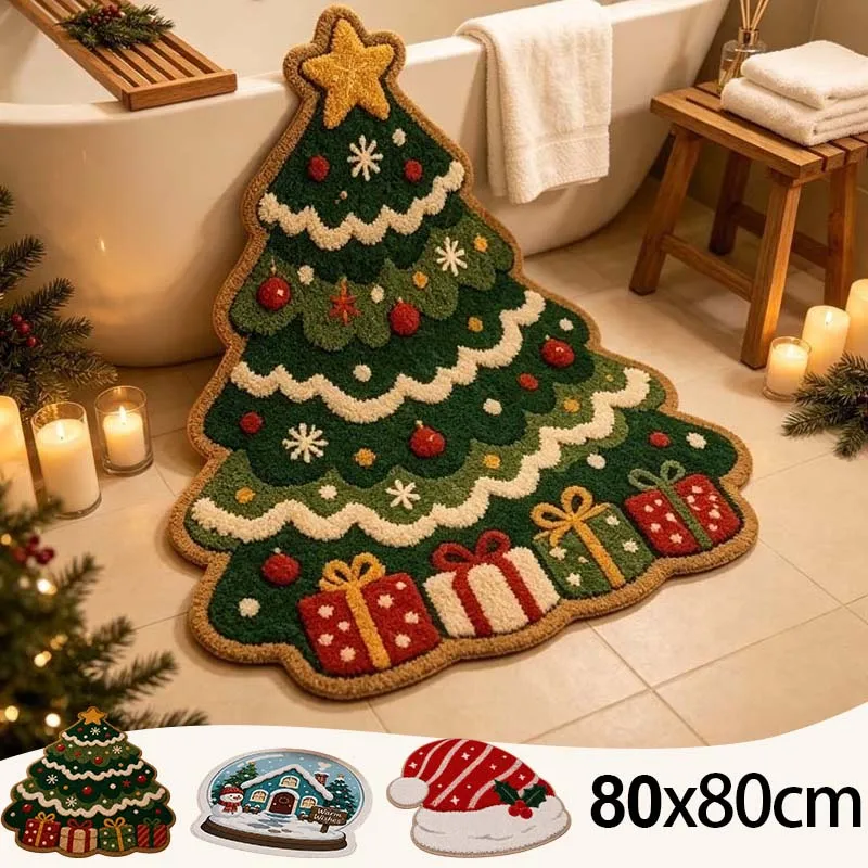 Christmas Bath Mat 80x80cm Fluffy Super Absorbent Plush Rug Non Slip Quick Dry Carpet for Bathroom Bedroom Living Room Entryway