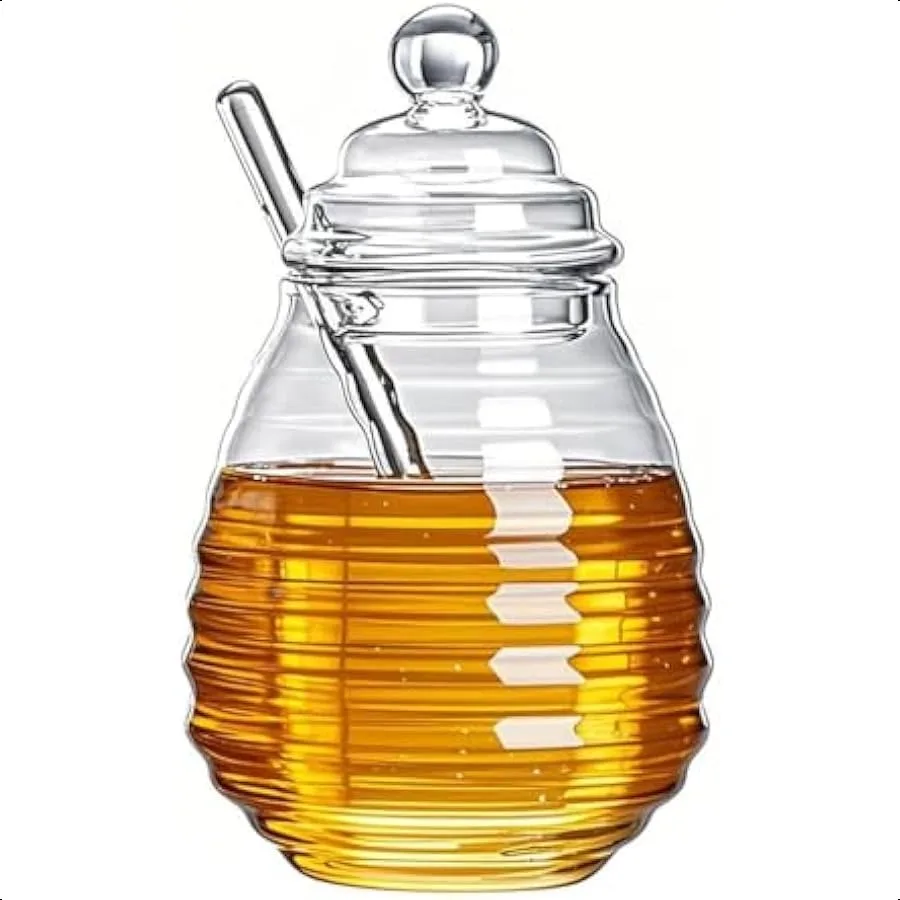 

Glass Honey Jar with Dipper and Lid 14 OZ Heat Resistant HoneyPot Honey Storage Container for Storing Syrup Home and Kitchen Or
