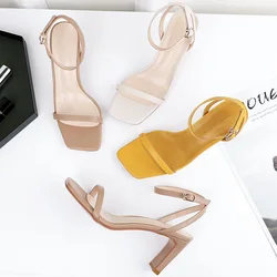 2024 Summer Beige Heeled Sandals Female Shoe Med Round Toe Buckle Strap Black Girls Clear Velvet Medium Comfort Open Stiletto