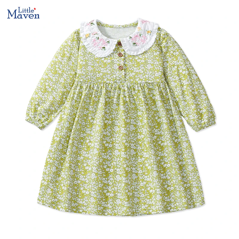 Little maven Kids Clothes Children's Clothing Baby Girls 2024 Autumn Spring Cotton Long Sleeves Cartoon Flowers Princess Dresses