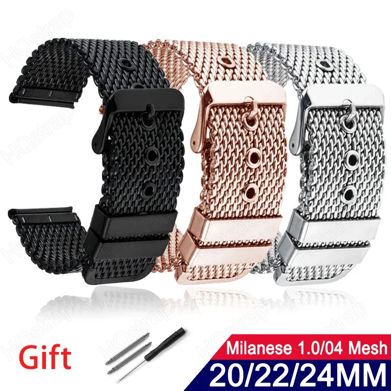 20mm 22mm 24mm Milanese Watchband Stainless Steel Metal Strap Men Women 1.0mesh 0.4mesh Metal Pin Buckle Bracelet Accessories