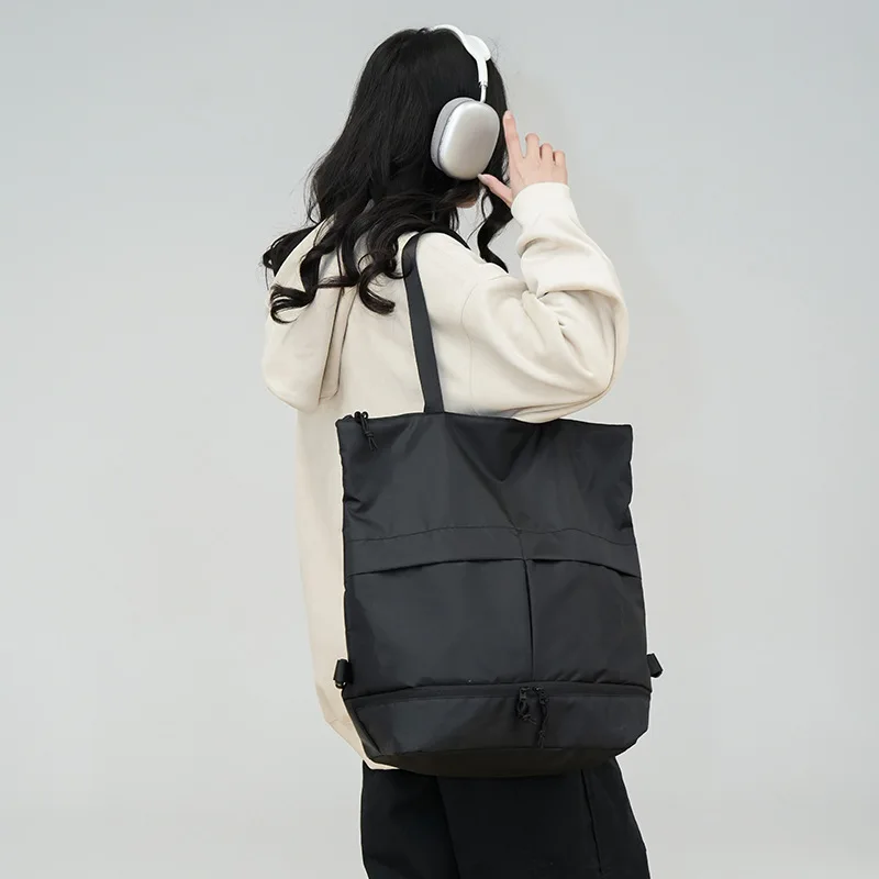 Commuter Pure Color Single Shoulder Tote Bag Large Capacity Nylon Hand-Held Backpack Book Bag for Men