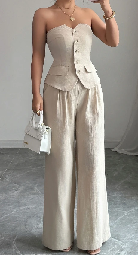 

Two Piece Set Women Outfit 2025 Summer New Solid Color Button Bandeau Vest & High Waist Casual Pocket Design Wide Leg Pants Set