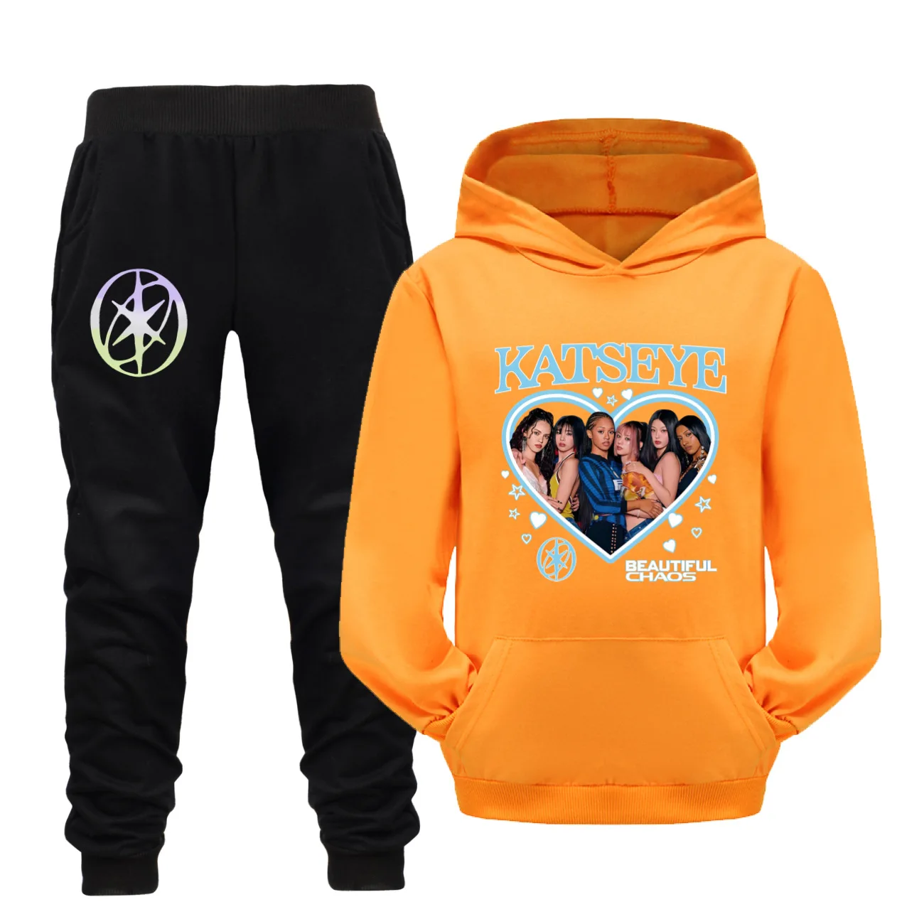 

Комплект одежды для мальчиков и девочек с забавным принтом Katseye, весенние модные толстовки с карманами, толстовка с капюшоном, футболка, костюм, одежда для детей, малышей и подростков