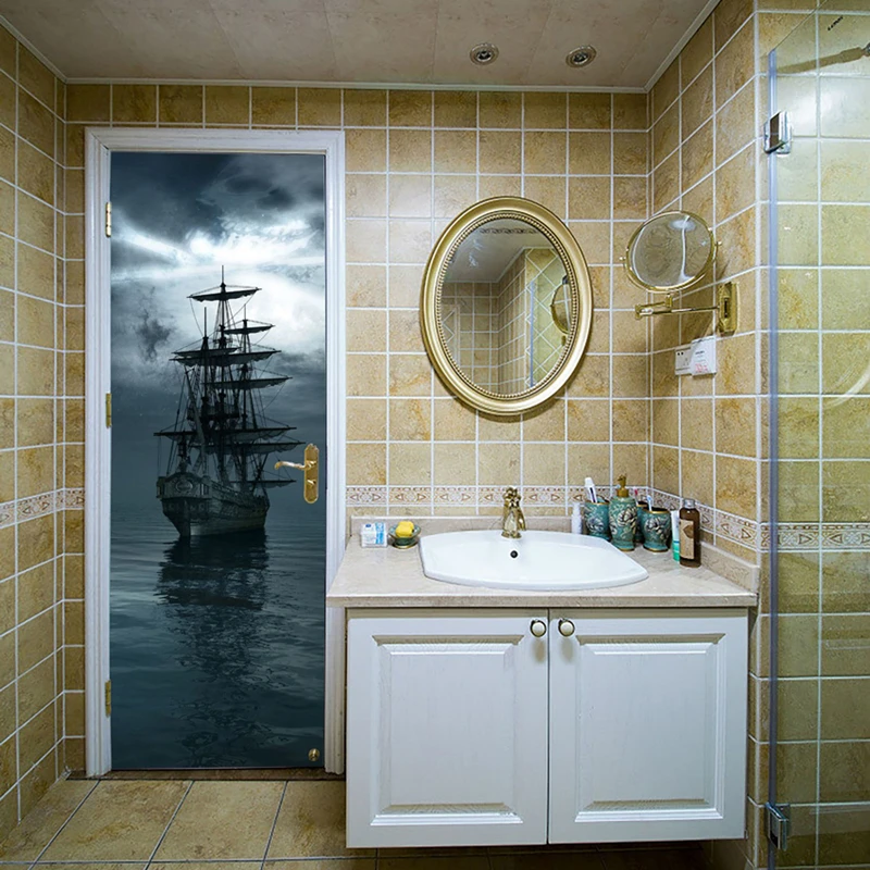 

Dawn Sailboat on Sea 3D Door Stickers PVC Mural for Home Decoration Living Room Kids Bedroom Bathroom Walls Art One Piece Poster