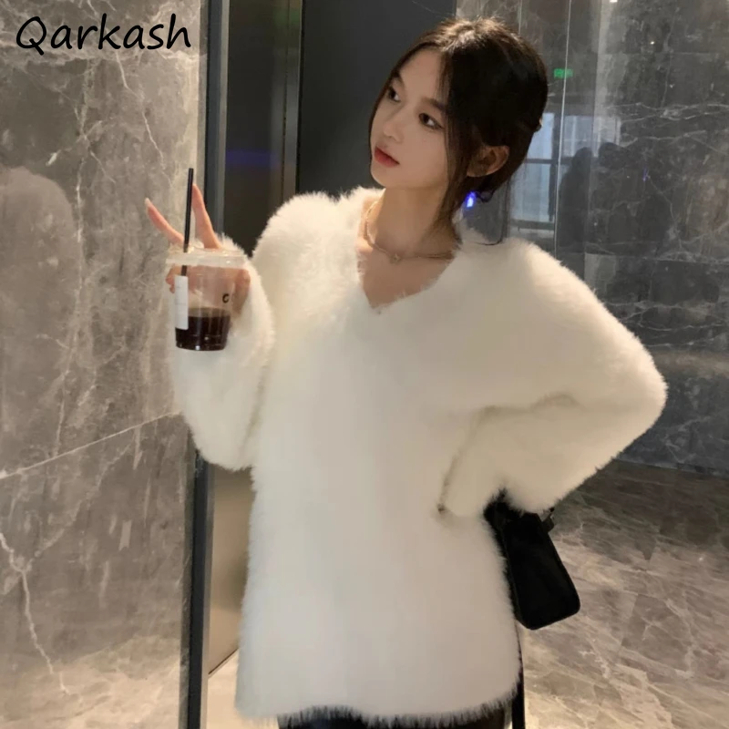 Fluffy Loose Solid V-neck Pullovers Women Thicker Autumn Winter Fashion Simple Leisure All-match Mohair Streetwear Warm Sweaters