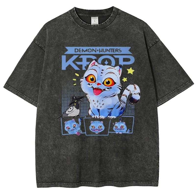 

Kpop Demon Hunters Cat Wash T-Shirt Trendy Elements Men'S Short Sleeved Retro Printed Pure Cotton Round Neck Short Sleeved Shirt