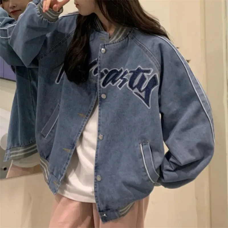 

Retro Denim Jacket Women's Spring Autumn Loose Jacket Top Hong Kong Flavor Retro Baseball Uniform Outerwear Round Neck Cardigan