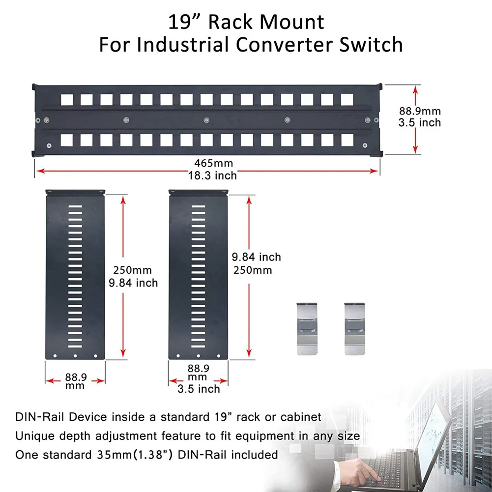 19 Inch Rack Mount Din Rail Kit 35mm Din-Rail Terminal Blocks Depth Adjustable Bracket Shelf Rackmount Panel in Cabinet
