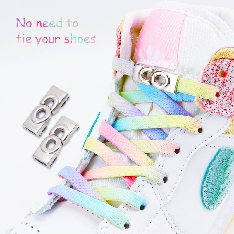

Metal Buckle Lock Shoestrings Without Ties Elastic Flat Laces Sneakers for Kids Adult Gradient Rainbow Shoelace No Tie Shoe Lace